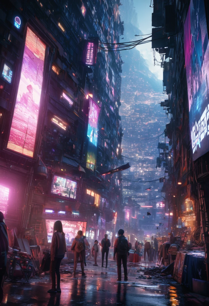 dystopian city , People live, Night view city slums , Bright lighting, Blue aircraft, Very crowded, Populous, Color Scheme, Blue-purple movie, Art Station, Create ultra-realistic renderings of aircraft，Like a bicycle. Street cables densely cover the areas between buildings. 
Lighting scene lights on, quality\(8k,非常に精細なCGユニットのwallpaper, masterpiece,High resolution,top-quality,top-quality real texture skin,Surreal,Increase the resolution,RAW Photos,最高quality,Very detailed,wallpaper,Cinema Lighting,Ray-tracing,Golden Ratio\),(Long Shot),landscape,