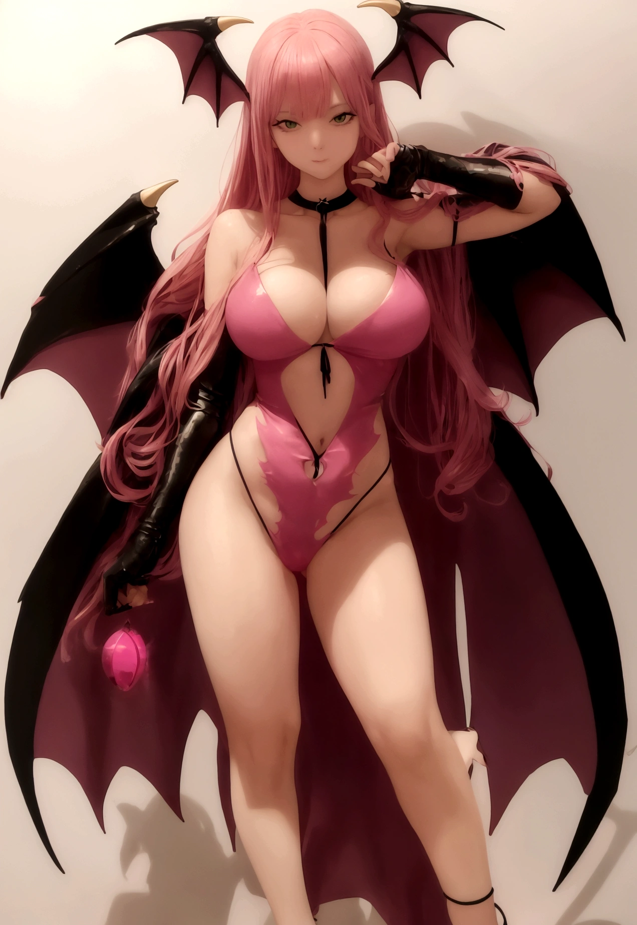 drawing of a female figure in a pink swimsuit with cape, Morrigan Aensland, knights of the zodiac girl, monster girl, morrigan, prudish sexy pose gesture, cel - shaded art style, black sorceress full body pose, shaded cel! !!, cel shaded anime, inspired by Leiko Ikemura, mika kurai demon, full body concept