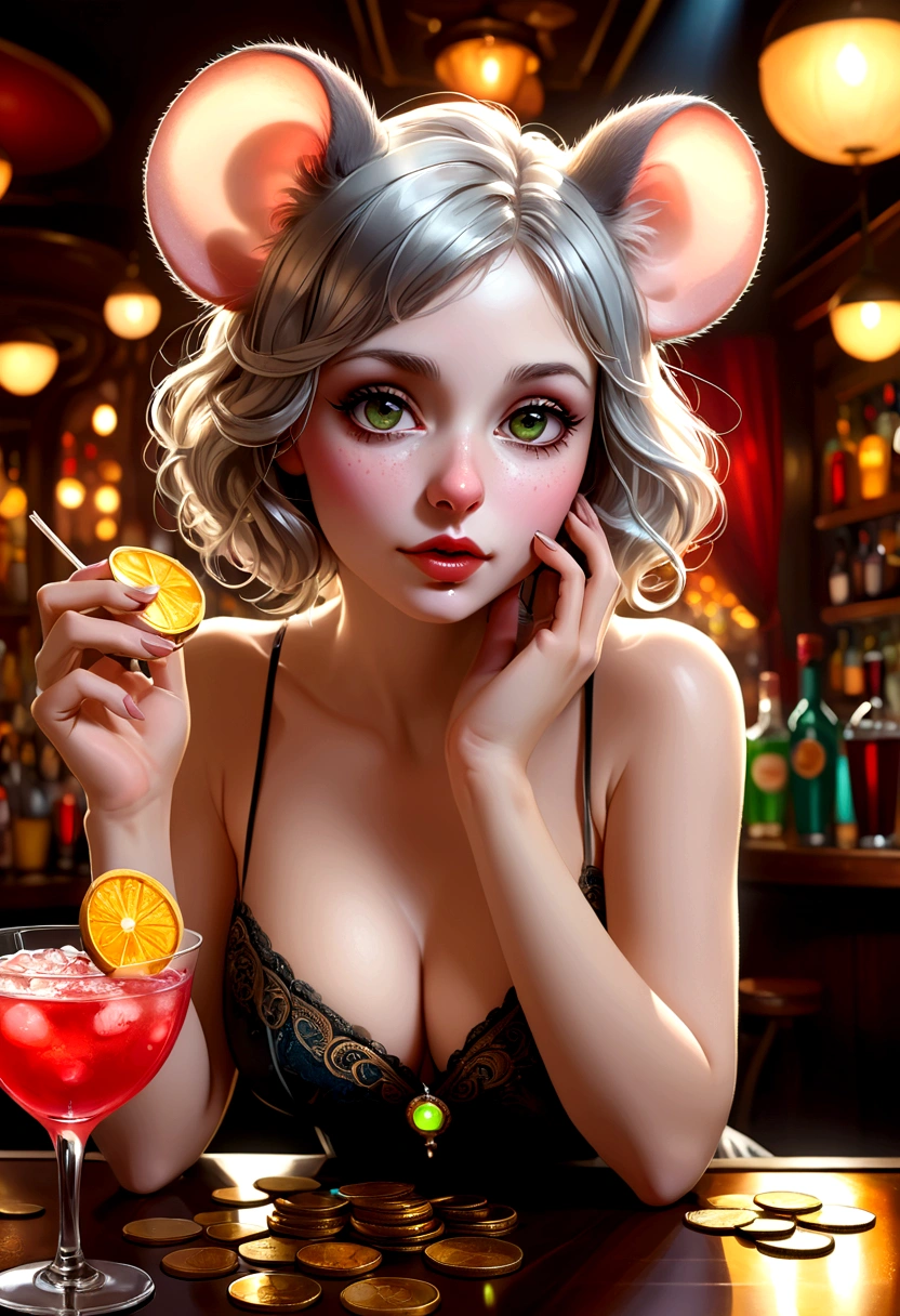 Mucha style , Hallucination, daydream , nightmare , Insane Dream , bokeh , erotica , realistic female mouse , round face , moist eyes , glossy lips , (Cleavage:0.9) , realistic long nose , Coin disappearing magic gesture , Bar, Cocktails