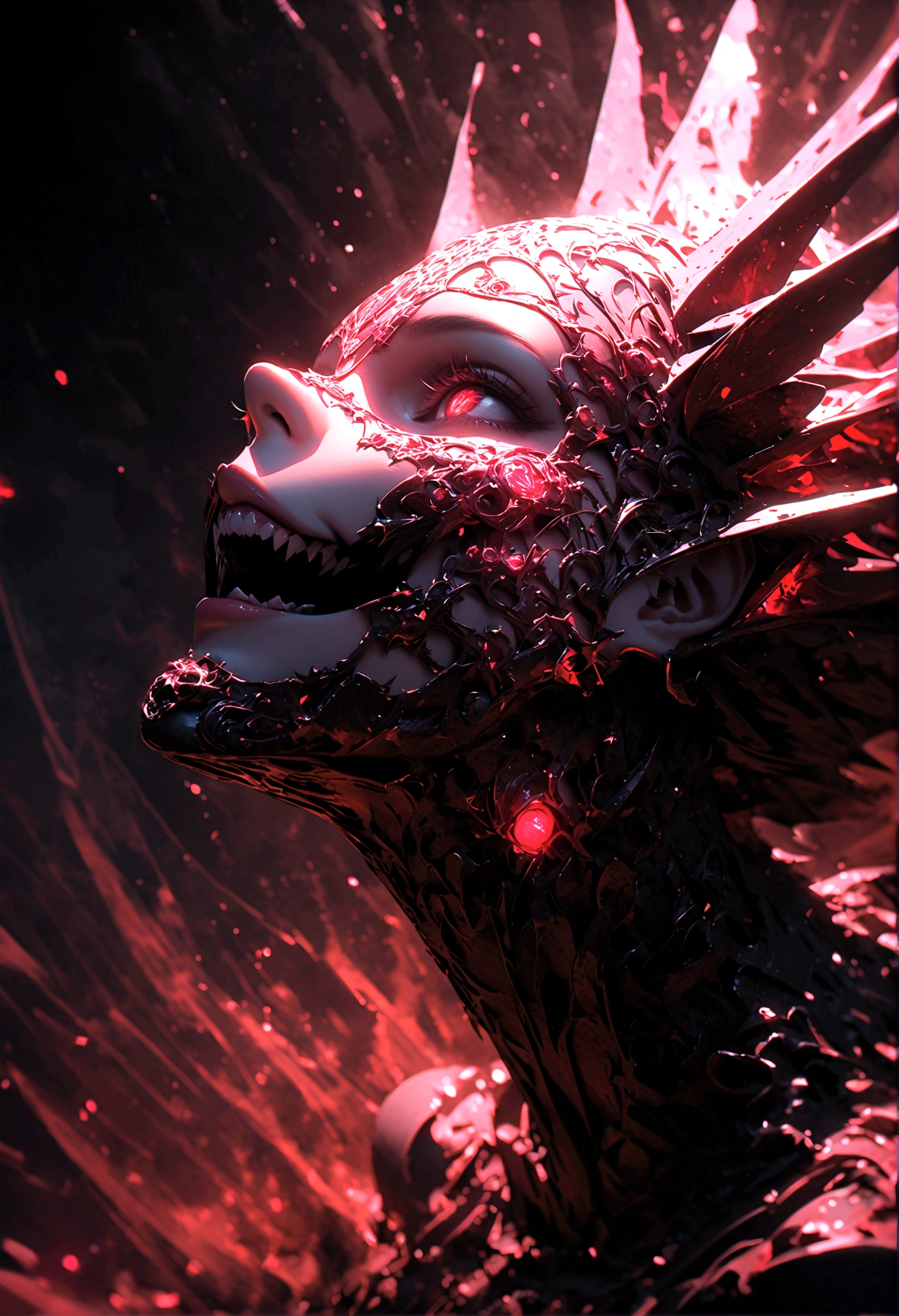 a portrait of a monster girl with a wide, sly smile with all of her pitch-black eyes facing upwards, scary , ultra wide-angle, Grainy , mysterious color , infrared lighting . Super detailed, photorealistic, splattered, spattered , cinematic light , black background , Cycles render, intricate artwork masterpiece , dreamy, glowing, backlit, glamour, vibrant, ultra high quality model, 4K
