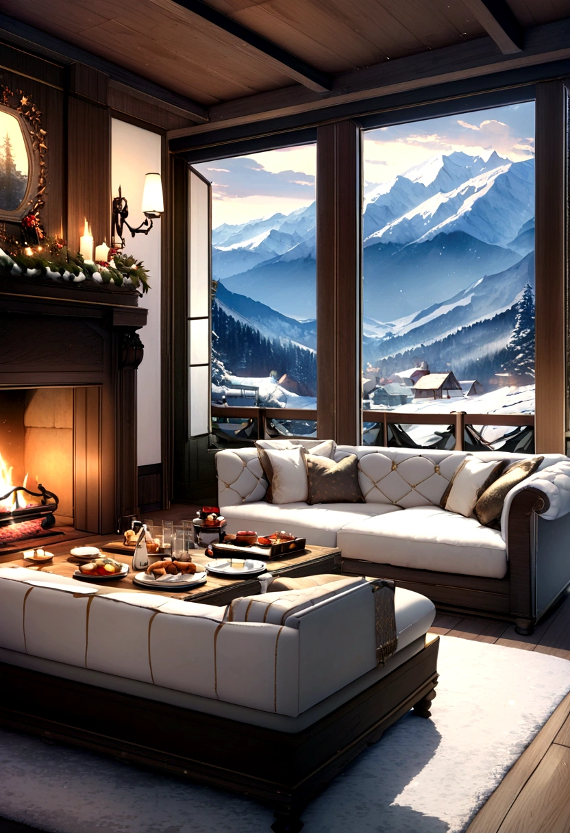 Comfortable mountain villa，Surrounded by stunning scenery, Large windows let in natural light，Enjoy panoramic views of the snow-capped mountains. The interior is decorated with comfortable furniture, A lit fireplace and a cozy atmosphere, Invites you to relax，Enjoy the tranquility of nature