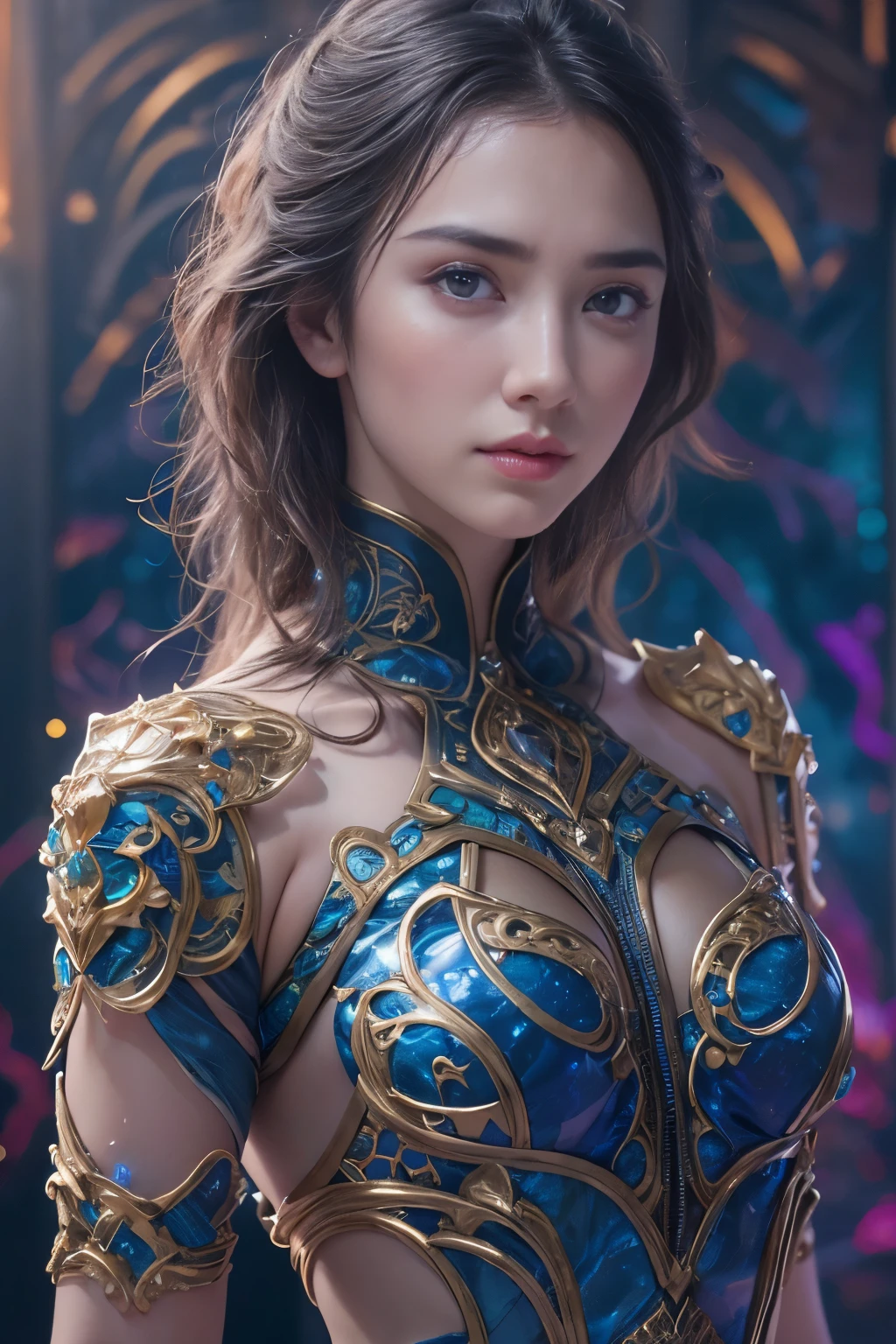 From Side, Photorealistic, Official art, Unity 8k wallpapr, 8K Portrait, Best Quality, Very high resolution, (Incredibly beautiful nature background:1.6), One girl, One beautiful age Italian girl, sixteen years old, Obscene, (Sexy and glamorous:1.1), (A coquettish expression:1.6), (small breasts with raised pink areolas:1.1), Vulgarity, (seductively smiling:1.2), (full body1.0), (erotic posing:1.5), (Magic Attack Pose:1.6),(magical effects like sparkles or energy:1.5), (Electric shock from hands:1.1), (Detailed blue bodysuit with beautiful fractal or marble design:1.5), (Beautiful and d delicate ruby, topaz, emerald and sapphire jewelry:1.45),  Beautiful seductive face, Portrait, (Thick eyebrows:1.2), (Big purple eyes:1.2), Beautiful eyes with fine symmetry, (ultra detailed eyes:1.1), (High resolution eyes:1.1), Intimate face, (ultra detailed skin texture:1.4), white skin, pale skin, Perfect Anatomy, Thin, (Beautiful toned body:1.1), Hair Bow, (Moist skin:1.1), full of sweat, No makeup, dark circles, Good anatomy, Focus Face, good looking, (Emilia Clark:0.6)  (Emma watson:0.3),(Jennifer Connelly:0.4), (sensual face:1.5), Elegant face, Nice, Dolce, Cyberpunk Sci-Fi, (Gauntlets with intricate and beautiful designs:1.2), Blurred background, Blurred foreground, depth of fields, (Motion Blur:1.1), Complex and colorful biomechanical bodysuit, Zentangle, mandalas, Entangled, (Small breasts:1.2), Sheer breast, large hips, drivel, grabbing on breasts
