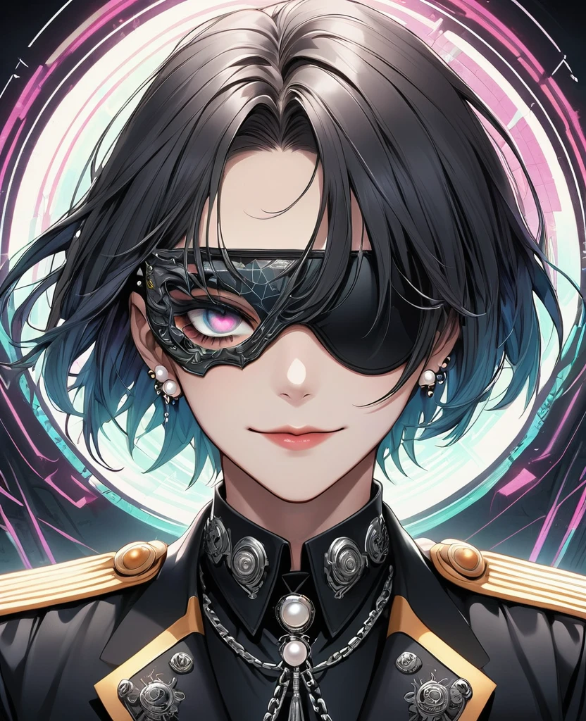 (Digital Illustration，Detailed anime style，Heavy Metal Cyberpunk，Pearl tassel eye mask，Portrait of short-haired boy wearing mask eye patch，Solitary，symmetry)，(Big colorful eyes，Fashionable and exquisite facial features，Exquisite makeup，Smooth skin，Smile，Lip Studs，Soulful gaze，)，(Black suit，Epaulettes-Chain，cool，)，(((Correct human anatomy)))，，out a hand：1.37.Radioactive geometric dynamic light wave background