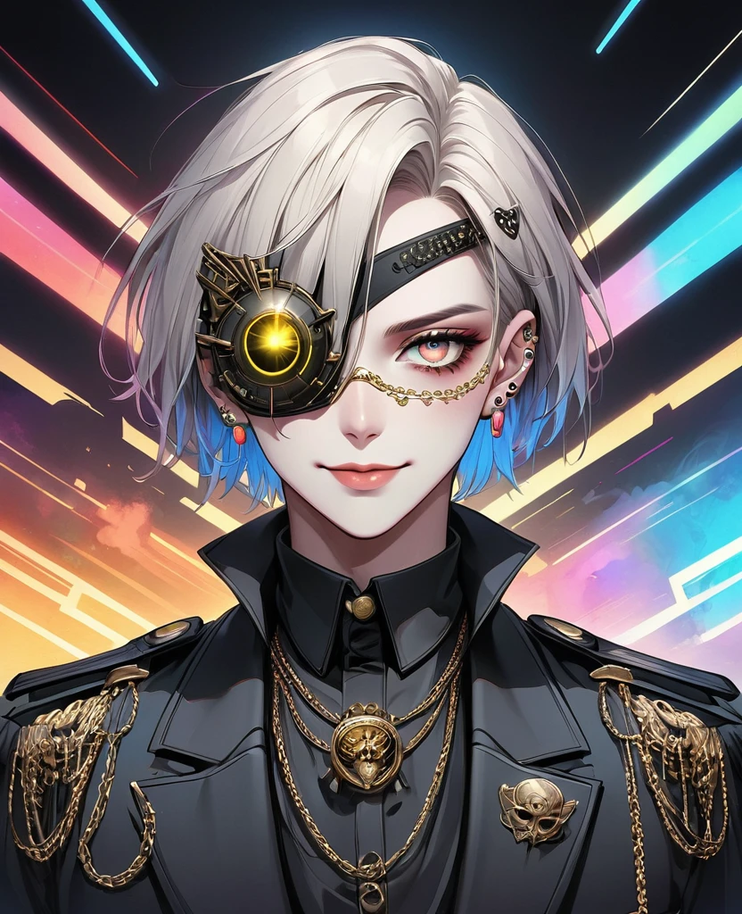 (Digital Illustration,Detailed anime style,Heavy Metal Cyberpunk,Pearl tassel eye mask,Portrait of short-haired boy wearing mask eye patch,Solitary,symmetry),(Big colorful eyes,Fashionable and exquisite facial features,Exquisite makeup,Smooth skin,Smile,Lip Studs,Soulful gaze,),(Black suit,Epaulettes-Chain,cool,),(((Correct human anatomy))),,out a hand:1.37.Radioactive geometric dynamic light wave background