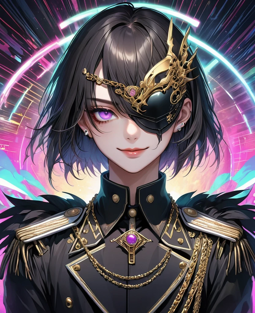 (Digital Illustration，Detailed anime style，Heavy Metal Cyberpunk，Pearl tassel eye mask，Portrait of short-haired boy wearing mask eye patch，Solitary，symmetry)，(Big colorful eyes，Fashionable and exquisite facial features，Exquisite makeup，Smooth skin，Smile，Lip Studs，Soulful gaze，)，(Black suit，Epaulettes-Chain，cool，)，(((Correct human anatomy)))，，out a hand：1.37.Radioactive geometric dynamic light wave background