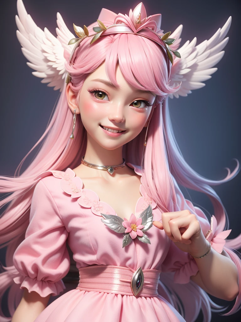 "Realistic female angel, around 20 years old, detailed face, wearing cute clothing, with silver and pink hair ,Flower crown、smile、Angel、heaven、