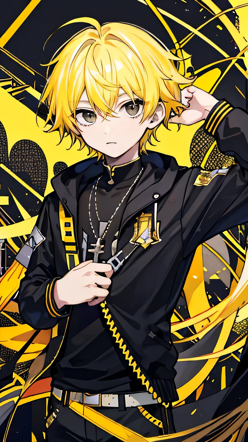 1 boy, yellow hair, black eye, whole body, 
