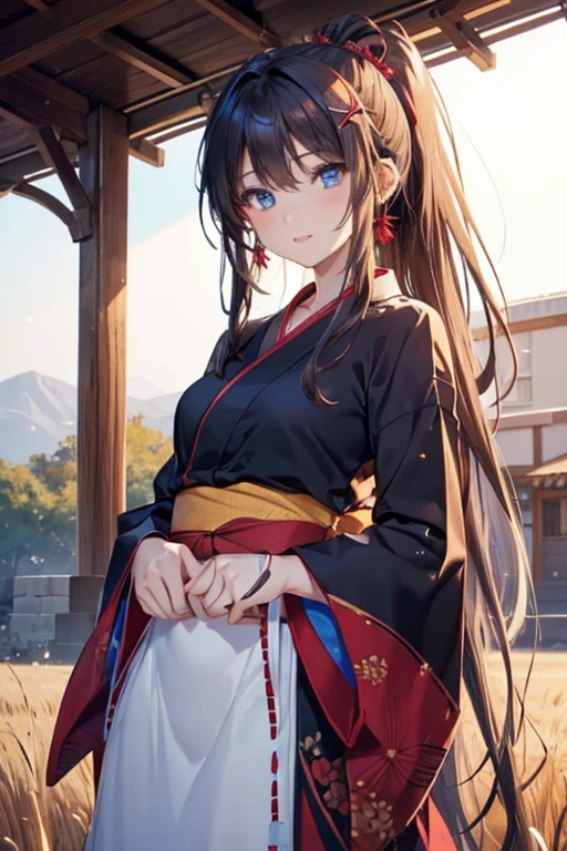 #Basics A girl is posing for a photo, animeのかわいい女の子, (((One Girl, Baby Face, 16 years old))),
BREAK
#Clothing Accessories
((Red and Black)Yukata : Gothic pattern + Blue band + Long sleeve + Wide sleeves, geta),
(big silver necklace, Silver earrings, Hair clip),
BREAK
#Features
(Red hair:1.4, Chest-length sideburns:1.4 + Curly hair:1.4, Big ponytail : Hair blowing in the wind + Very long hair + Curly hairで横に広がるボリュームのある髪 + Outwardly curled hair),
(Droopy eyes,blue eyes), (Small breasts),
BREAK
#expression
(smile),
#background environment
((noon, Sunshine + Wheat field + Rural landscape)),
#composition
(Face the viewer:1.4, Aggressive Pose:1.4, Cowboy Shot:1.4),
BREAK
#Body parts elements
(Beautiful Hair,Shiny Hair),
(double eyelid, Long eyelashes),
(Expression of fine eyes, Beautiful and delicate eyes, Sparkling eyes, Eye Reflexes),
(Human Ear),
(Beautiful Nose, Thin Nose),
(Glossy lips, Beautiful Lips, Thick lips), (Symmetrical facial features),
(Detailed skin, Textured skin, Beautiful Skin),
BREAK
#Quality
(((Highest quality)), ((masterpiece)), ((Very detailed))), ((High resolution), (16k,1080p)),
(Realistic), (Anatomically correct),
((comics, anime)), (3DCG), CG illustration,