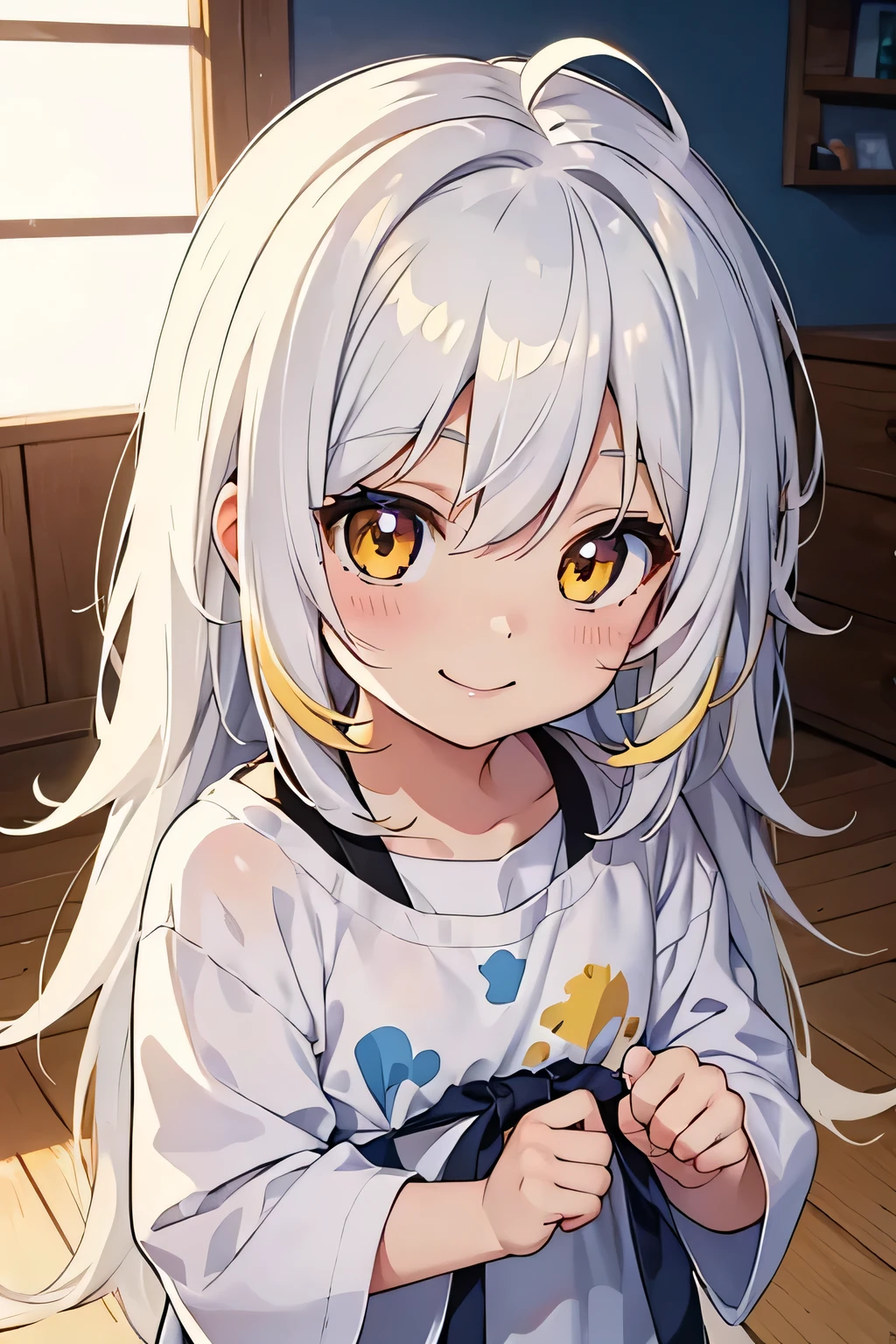 ddler, cute anime toler, smiling, white hair and yellow hair, long hair, messy hair, golden eyes
