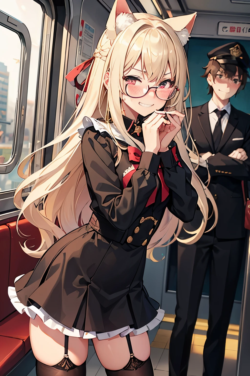 18 yeas old, girl, blonde hair, long hair, slim, big tits, narrow red eyes, cute, cat ears, glasses,
(embarrassed, blush:1.4), (ecstasy:1), (think:1.8), (grin:1.5), (sweat:0.9), police uniform, See-through, ribbon, fishnet, garter belt, frills, Kneesocks, high heels, rose, headdress, frontal, standing, crowded train, centet of attention, inside the train, man people