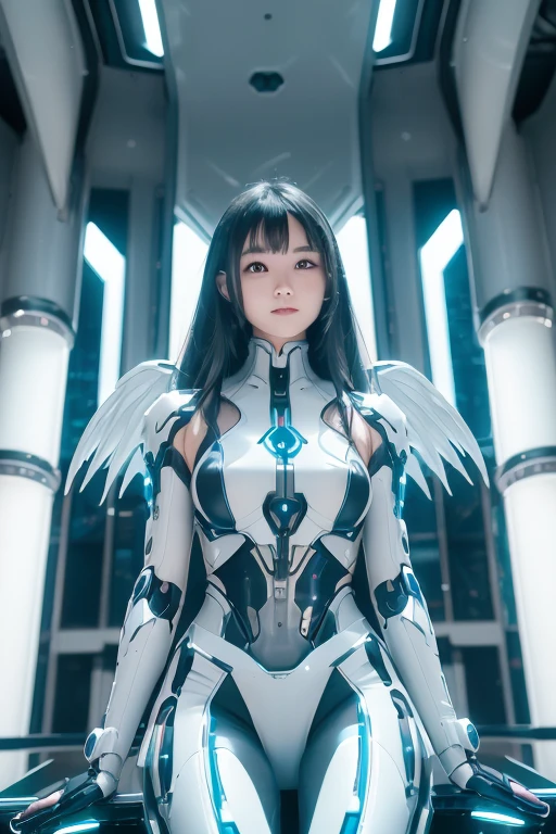 Woman in a futuristic suit standing in a futuristic city, Girl wearing mecha cyber armor, (Mechanized Valkyrie Girl), (Beautiful cyborg angel girl), Cyberpunk Girl Mecha, Unreal Engine Rendering + goddess, Cyberpunk Girl, Beautiful Caucasian girl cyborg、Medium chest、smile、(sitting indian style)