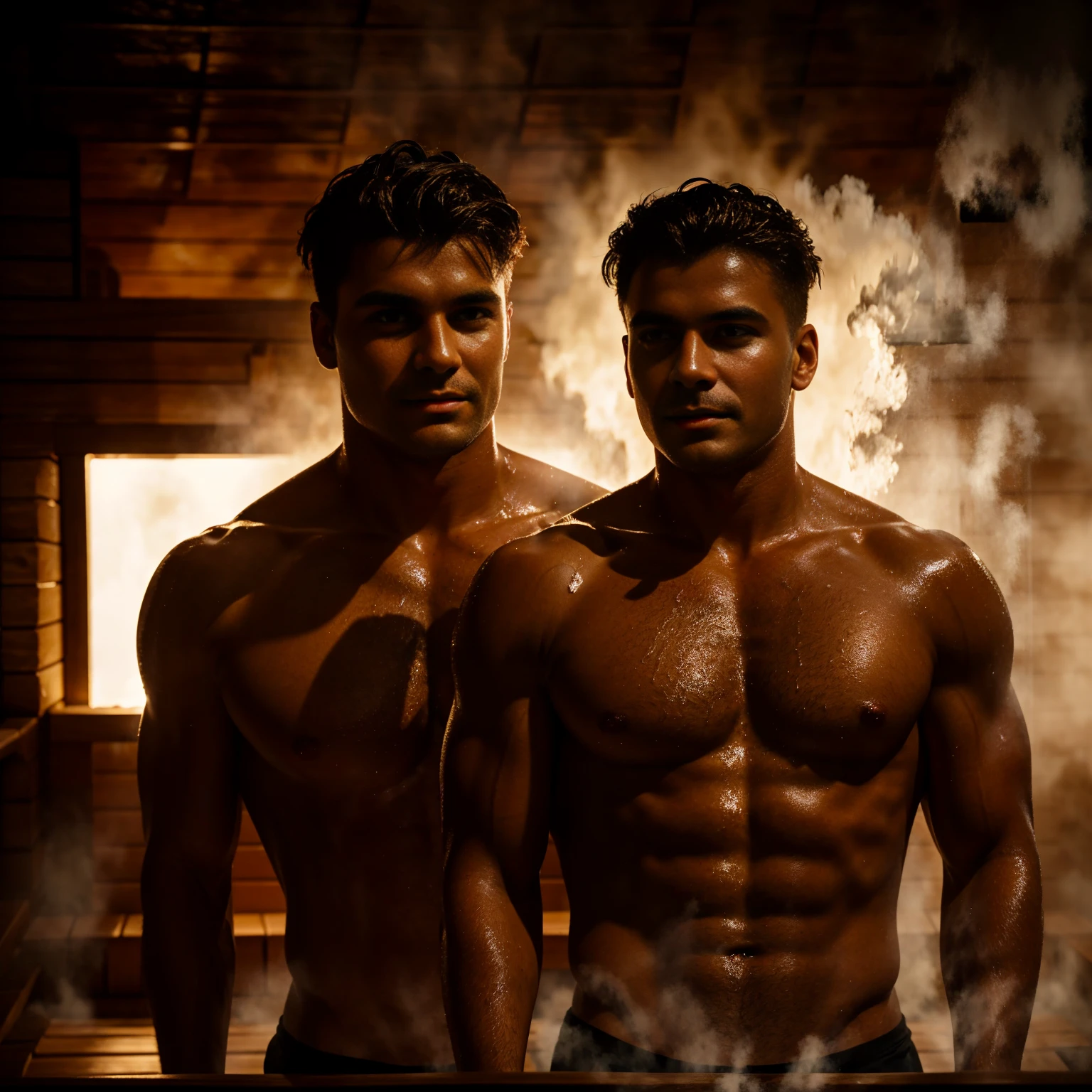 A hyperrealistic award winning studio film photography full contrast pro color grading soft shadow clean sharp focus of a man in a sauna surrounded by steam and warm light, his face is relaxed and his body is glistening with sweat.