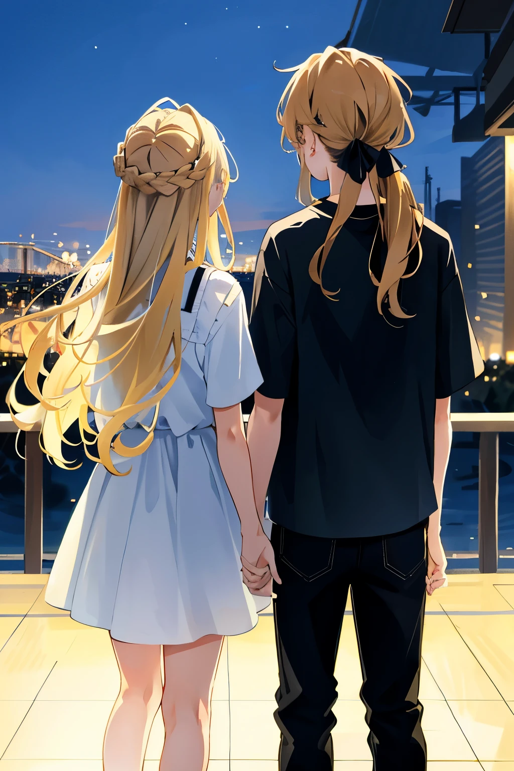 A couple from behind. The girl has blonde hair and medium-long hair. The boy has brown hair in a man bun. They both have the initial R on their clothes. The background is a night view.