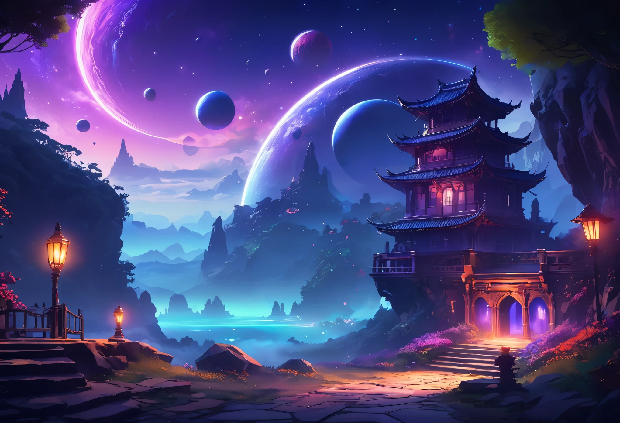 digital painting, Game Location, location from the game, dungeon from the game, локация space, Game Location, space location, location in blue and purple tones, Game Location, cute style, Large location, fog in the foreground with glow effects, colorful, No characters, no characters, location only, cute style, anime style, space, Space, planets in the background