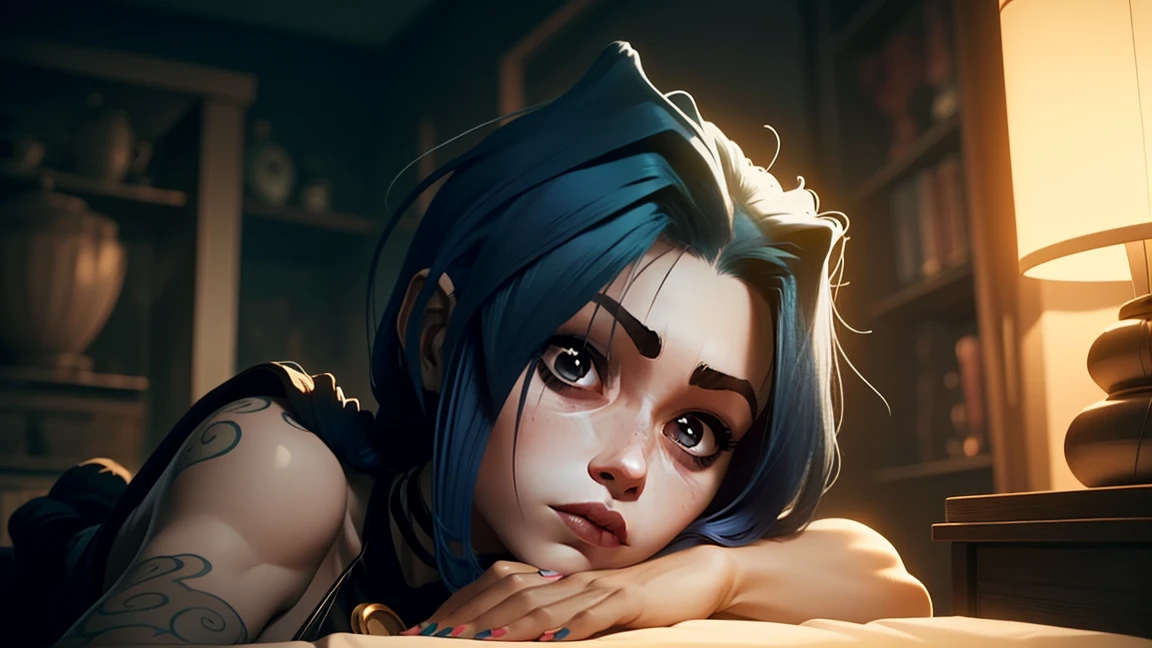 Create a highly detailed, full-body portrait of Jinx from the animated series Arcane with her characteristic outfit, depicting her sleeping in a bed with vibrant colors. Incorporate intricate textures and patterns on the bedding, and ensure that Jinx's facial features are accurately rendered. The scene should be set in a cozy, dimly lit environment with soft shadows, emphasizing the tranquility of the moment. Use a mix of warm and cool colors to create a captivating visual contrast. The overall style should be reminiscent of a fantastical, dreamlike atmosphere, with subtle hints of magic and whimsy. Ensure that the image is rendered in high definition, with crisp lines and vivid colors that pop against the darker background