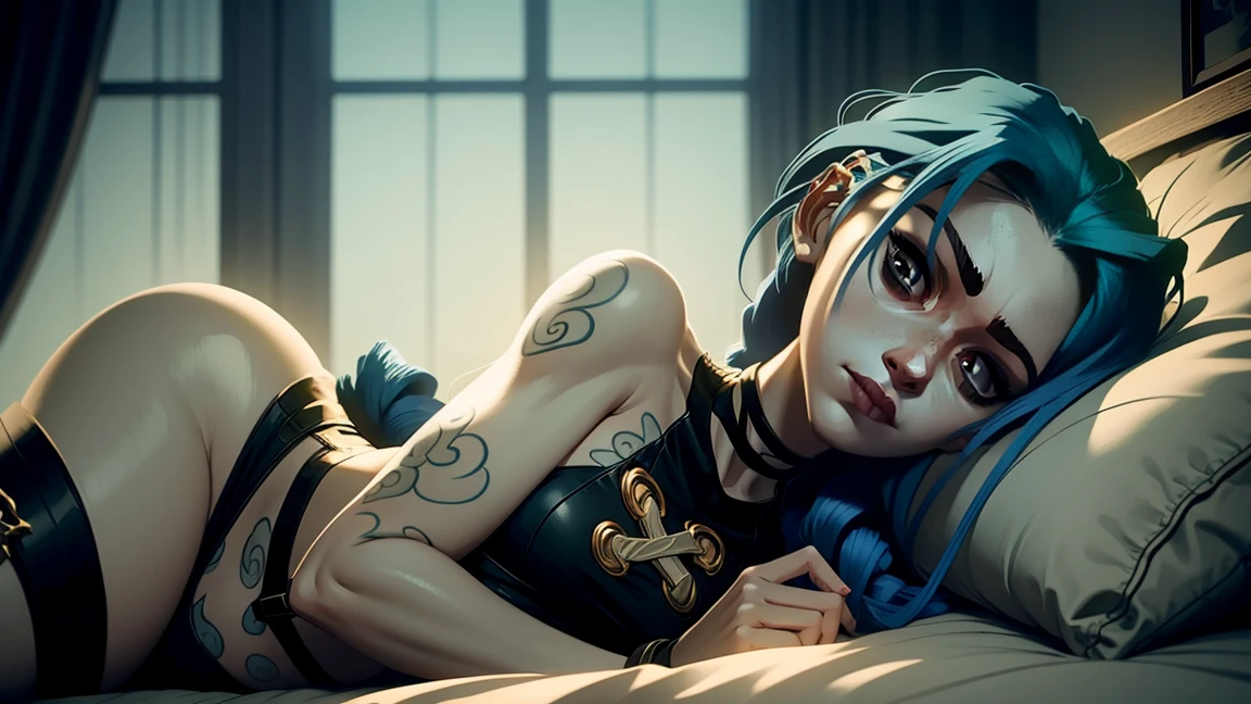 Create a highly detailed, full-body portrait of Jinx from the animated series Arcane with her characteristic outfit, depicting her sleeping in a bed with vibrant colors. Incorporate intricate textures and patterns on the bedding, and ensure that Jinx's facial features are accurately rendered. The scene should be set in a cozy, dimly lit environment with soft shadows, emphasizing the tranquility of the moment. Use a mix of warm and cool colors to create a captivating visual contrast. The overall style should be reminiscent of a fantastical, dreamlike atmosphere, with subtle hints of magic and whimsy. Ensure that the image is rendered in high definition, with crisp lines and vivid colors that pop against the darker background
