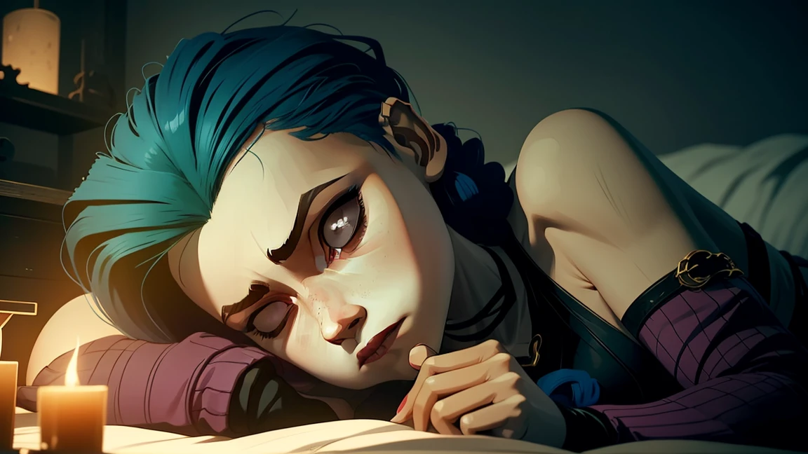 Create a highly detailed, full-body portrait of Jinx from the animated series Arcane with her characteristic outfit, depicting her sleeping in a bed with vibrant colors. Incorporate intricate textures and patterns on the bedding, and ensure that Jinx's facial features are accurately rendered. The scene should be set in a cozy, dimly lit environment with soft shadows, emphasizing the tranquility of the moment. Use a mix of warm and cool colors to create a captivating visual contrast. The overall style should be reminiscent of a fantastical, dreamlike atmosphere, with subtle hints of magic and whimsy. Ensure that the image is rendered in high definition, with crisp lines and vivid colors that pop against the darker background