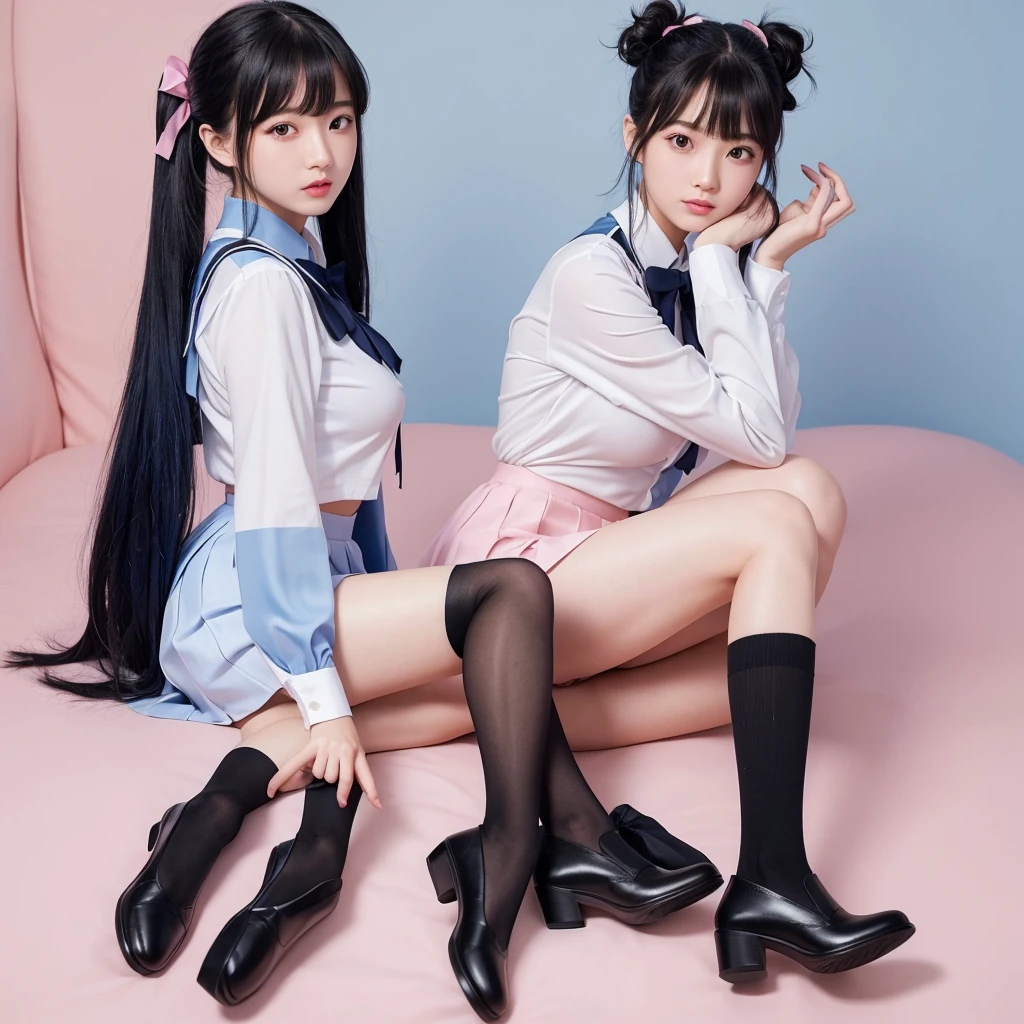 excellent work、HD analysis、Highest level of image quality、full-body shot、16K、reality、1 girl、student、18 years old、Energetic、student、Japanese school uniform、JK uniform、White shirt、Pink skirt、(Soft saturation:1.3)、(Light blue:1.2)、Full body facing the camera、F/8.0 aperture、Character Close-up、Black hair、Double ponytail hairstyle、Silky hair、Blue hair ribbon、(extremely huge breasts:4.0)、Full breasts、Filled with clothes、Show your legs、Smooth legs、black stockings、whole legs、Black leather shoes