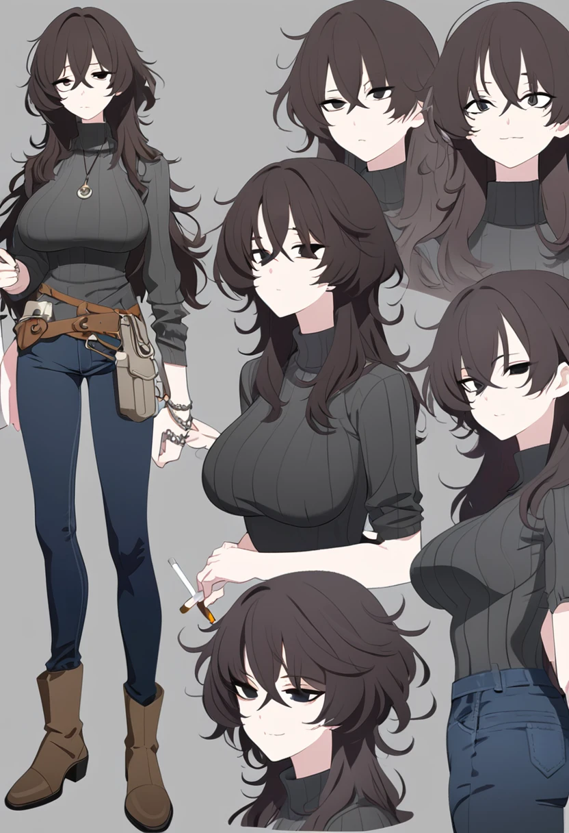 One Woman,Downer,older sister,Concept Art,Dark brown hair,Straight hair with slight inward curls,Staring eyes,Eye Ridge,black eye,Crossed bangs,whole body,smile,Larger breasts,Gray background,Bangs that reach down to the eyes,Messy hair,Tight dark jeans,Gray turtleneck sweater,Multiple views of the same character,Character Design,Dark circles under the eyes,Bad look,Listless,Sloppy,Silver Jewelry,Cafe staff,Holding a cigarette,whole bodyCharacter Design,Detailed hands,Height: 170cm,boots,Fleshy body,