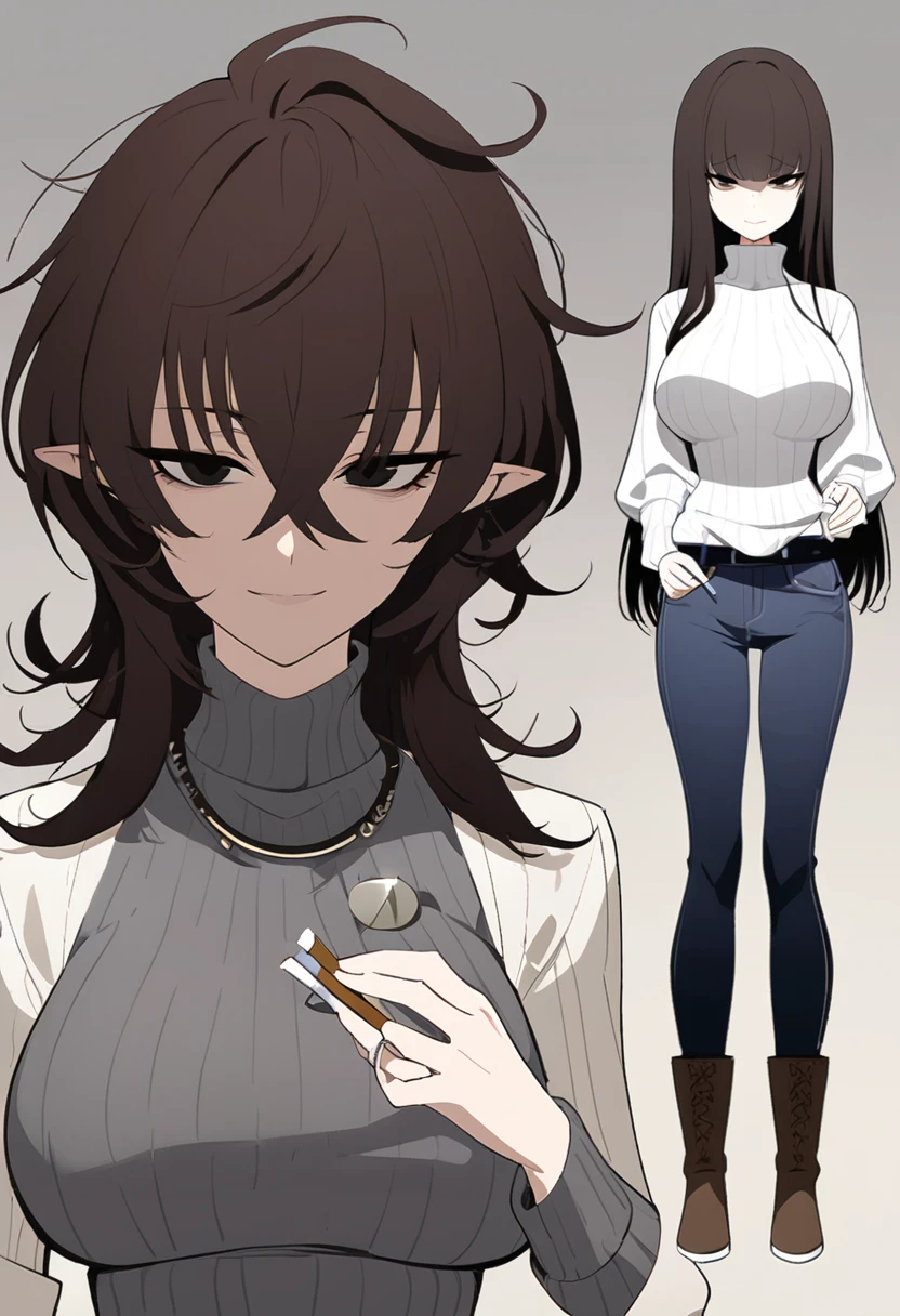 One Woman,Downer,older sister,Concept Art,Dark brown hair,Straight hair with slight inward curls,Staring eyes,Eye Ridge,black eye,Crossed bangs,whole body,smile,Larger breasts,Gray background,Bangs that reach down to the eyes,Messy hair,Tight dark jeans,Gray turtleneck sweater,Multiple views of the same character,Character Design,Dark circles under the eyes,Bad look,Listless,Sloppy,Silver Jewelry,Cafe staff,Holding a cigarette,whole bodyCharacter Design,Detailed hands,Height: 170cm,boots,Fleshy body,
