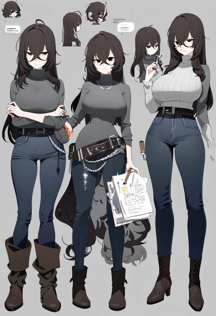 One Woman,Downer,older sister,Concept Art,Dark brown hair,Straight hair with slight inward curls,Staring eyes,Eye Ridge,black eye,Crossed bangs,whole body,smile,Larger breasts,Gray background,Bangs that reach down to the eyes,Messy hair,Tight dark jeans,Gray turtleneck sweater,Multiple views of the same character,Character Design,Dark circles under the eyes,Bad look,Listless,Sloppy,Silver Jewelry,Cafe staff,Holding a cigarette,whole bodyCharacter Design,Detailed hands,Height: 170cm,boots,Fleshy body,