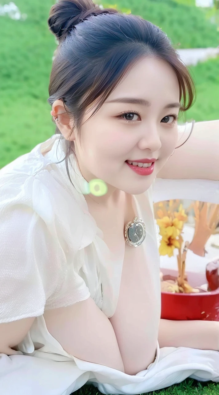 ((top quality、8k、masterpiece:1.3))、sharp focus, High level of image quality, high resolution,Draw lips correctly, red lipstick, from chest up, best quality, Super detailed, lifelike, Super fine skin, perfect anatomy, (Chinese women), (alone)Wear a floral green shirt,Buttons clearly visible,The buttons are all buttoned,white pants,。40 year old female,adult,charming smile,Chubby face,Round cheeks, ,Fat face,Chubby round face,big eyes,wavy long hair,Big breasts,Chubby body,,Leg length,stand,stand up,beach background