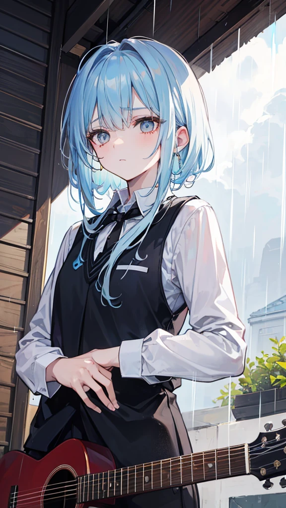 rainstorm,Under the eaves,A handsome boy,Wearing a black vest,White shirt,(Light blue hair:1.05),Off-white eyes,(There is a scar on the left cheek),(Melancholy),(Temperament is cold),Holding a classical guitar