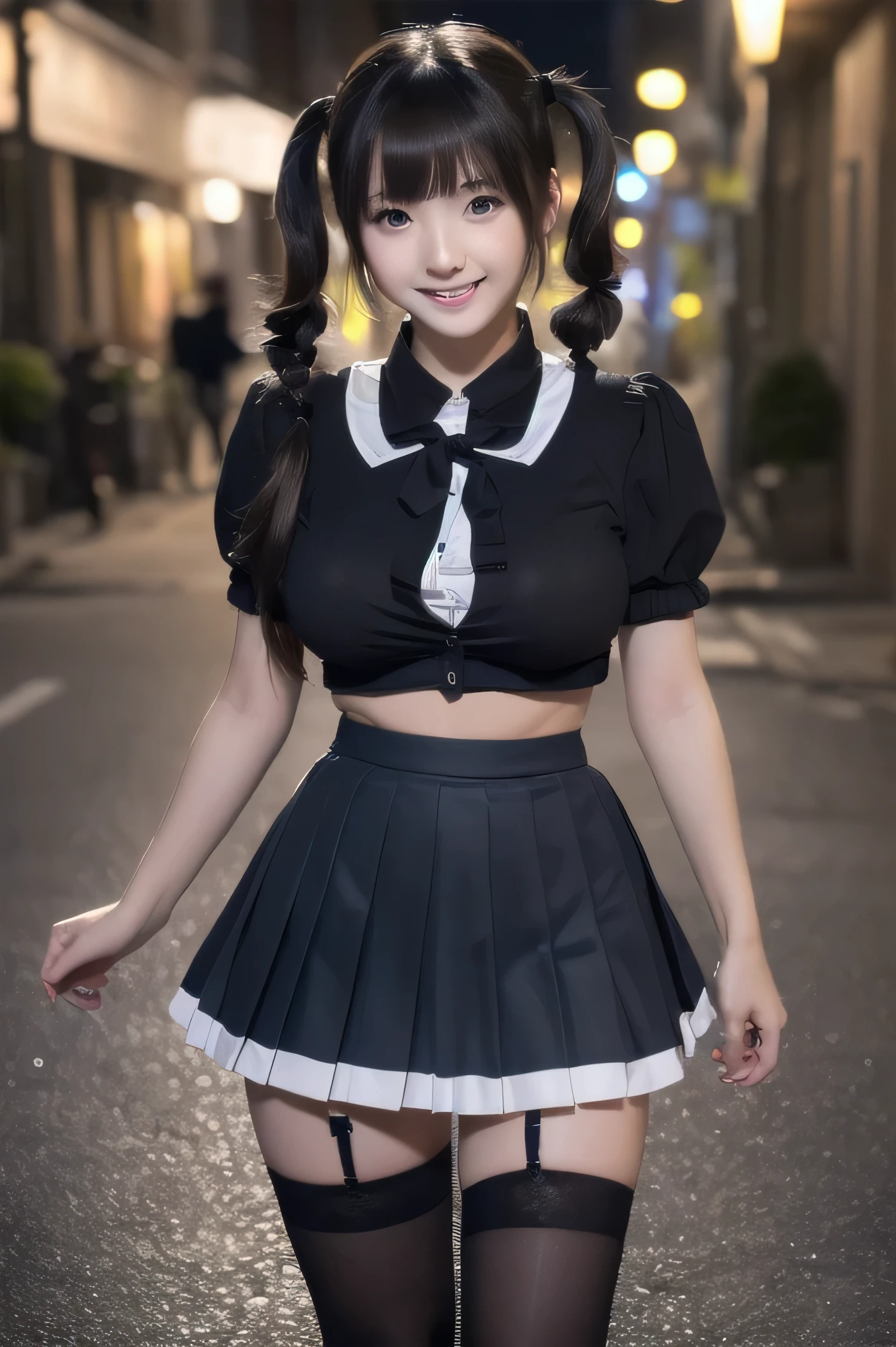very cute and beautiful girl,teen,(highly detailed beautiful face and eyes:1.2), (Blue eyes), (black medium hair), (((twin pigtails))), ((Bangs)), (((large breasts))), ((big smile)), ((whole body)), ((school uniform)), (((very tight pleated skirt))),, (black stockings)), (best quality masterpiece:1.2),intricate details, solo,8k resolution, (weak lighting), extremely detailed cg, (((dark night streets background)))