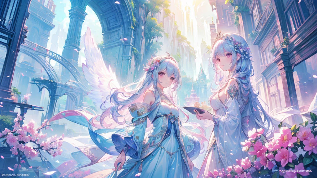 (masterpiece、8k、Highest quality)、(Soft Light:1.2), smile, Detailed face, dress, Beautiful fantasy art, Dreamy details, So magical and dreamy, Fantasy Beautiful, very Beautiful fantasy art, Heavenly Beauty, Beautifully detailed fantasy, Beautiful digital artwork, landscape, Palace-like, Backlight, Lots of flowers