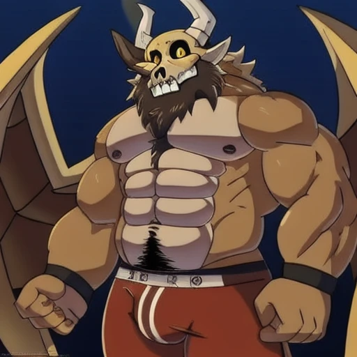 daddy titan, 1 boy, abs, chubby, horns, muscled, muscle man, pecs, chubby, single, underwear, yellow eyes, animal skull