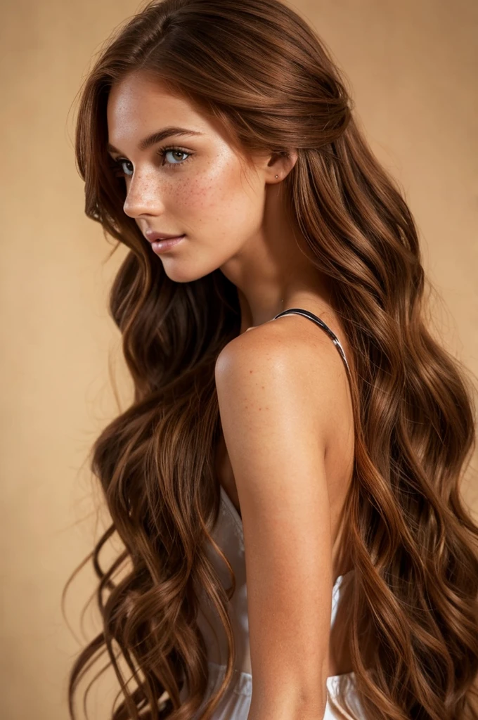 a beautiful young woman who is blessed with striking features. Her long, wavy auburn hair cascades down her back, catching the light in shimmering copper tones. Her skin, though slightly pale, is smooth and unblemished, dusted with freckles across her nose and cheeks. Her chocolate brown eyes, framed by thick lashes, hold a depth and intelligence beyond her years. She's tall and slender, with a graceful, athletic build that hints at a love for the outdoors.