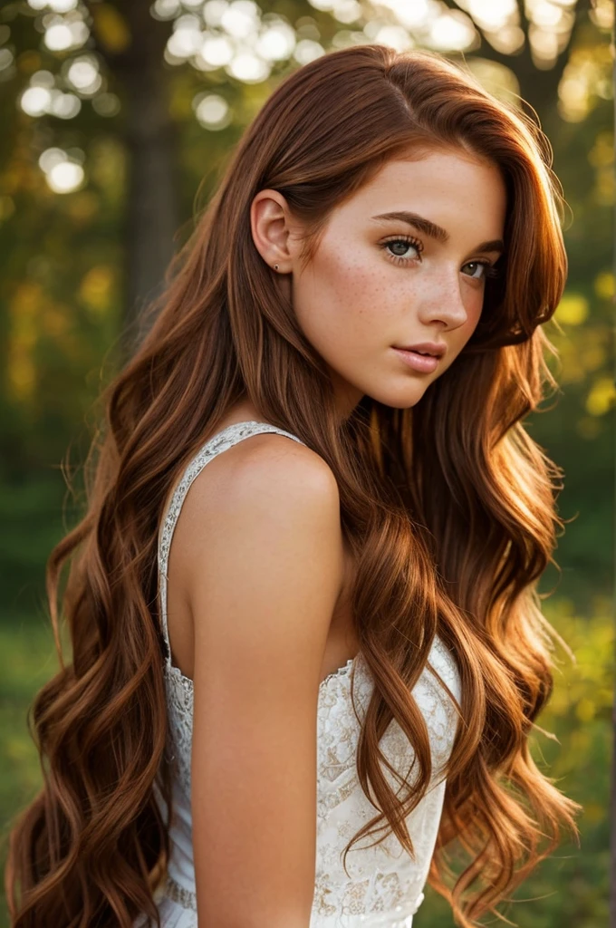 a beautiful young woman who is blessed with striking features. Her long, wavy auburn hair cascades down her back, catching the light in shimmering copper tones. Her skin, though slightly pale, is smooth and unblemished, dusted with freckles across her nose and cheeks. Her chocolate brown eyes, framed by thick lashes, hold a depth and intelligence beyond her years. She's tall and slender, with a graceful, athletic build that hints at a love for the outdoors.