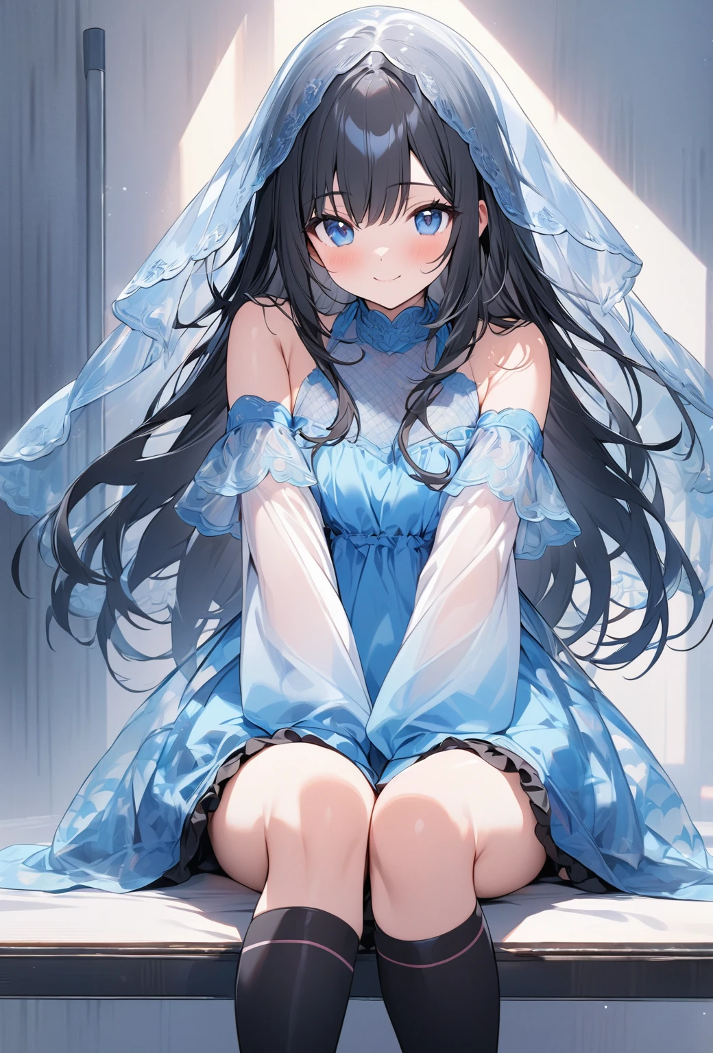 ((Highest quality)), ((masterpiece)), ((Very detailed)), (Very cute),A cool-looking woman with gentle black hair and a height of about 165cm.，A woman with a cute smile wearing a transparent blue waifus with a cute patterned hood and bare shoulders, alone, Cute attitude,(background(bright)，Long Hair - Straight，Knee-high socks、A transparent blue veil with a cute pattern and white hood with off-the-shoulder sleeves，White wall、Sitting、Facing the viewer、