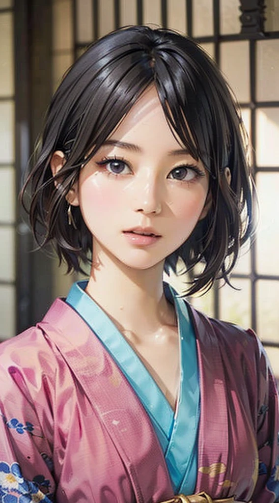 (Realistic)、(Realistic:1.2)、(High resolution)、Very detailed、Very beautiful face and eyes、1 girl、Delicate body、(highest quality、Attention to detail、Rich skin detail)、(highest quality、8k、Oil paint:1.2)、Very detailed、(Realistic、Realistic:1.37)、Bright colors、Full Body Shot,black_hair, Beautiful 8k eyes,Looking_in_Audience,One person in,Are standing,((Very beautiful woman, Fuller lips, Japanese pintern kimono))、((Colorful Japanese kimono)))、(((blackhair)))、(((Blunt bung，short hair)))、((( Inside an old Japanese house with a (short focus :1.4),)))、(masterpiece, highest quality, highest quality, Official Art, beautifully、aesthetic:1.2),(Fractal Art:1.3),Sengoku period、Greg Rutkowski Written by Alphonse Mucha Ropp,short ,uchikake,nishijin ori,(realistic light and shadow), (real and delicate background),(muted colors, dim colors, soothing tones:1.3), low saturation, (hyperdetailed:1.2), (????:0.4),drow,blurry_light_background, (vibrant color:1.2), cinematic lighting, ambient lighting,Single Shot,Shallow Focus,pink lip,blurry light background,
