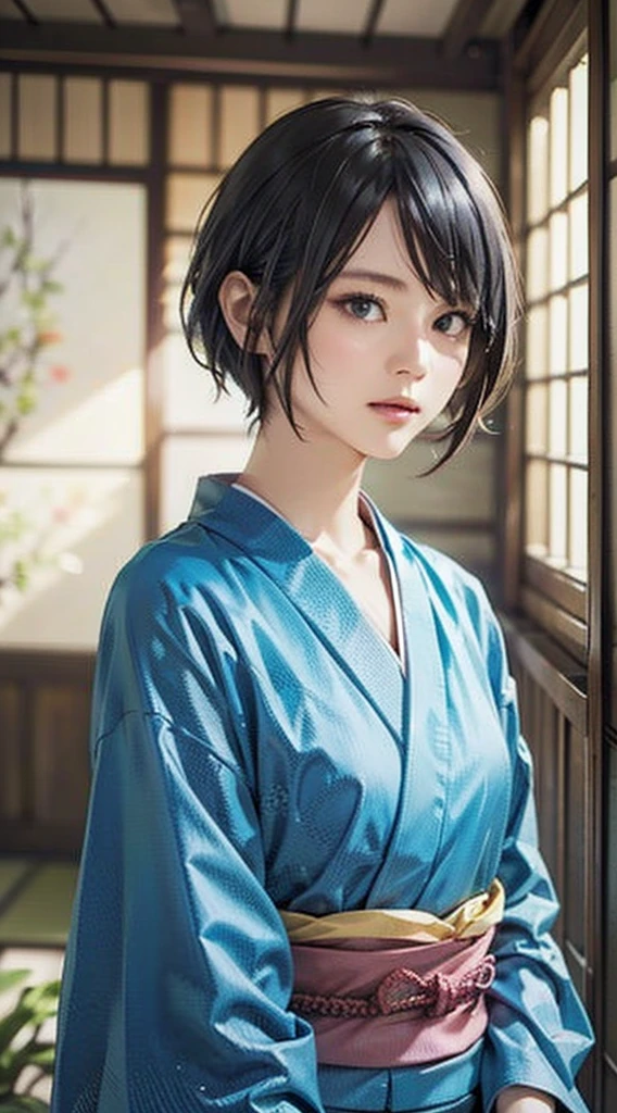 (Realistic)、(Realistic:1.2)、(High resolution)、Very detailed、Very beautiful face and eyes、1 girl、Delicate body、(highest quality、Attention to detail、Rich skin detail)、(highest quality、8k、Oil paint:1.2)、Very detailed、(Realistic、Realistic:1.37)、Bright colors、Full Body Shot,black_hair, Beautiful 8k eyes,Looking_in_Audience,One person in,Are standing,((Very beautiful woman, Fuller lips, Japanese pintern kimono))、((Colorful Japanese kimono)))、(((blackhair)))、(((Blunt bung,short hair)))、((( Inside an old Japanese house with a (short focus :1.4),)))、(masterpiece, highest quality, highest quality, Official Art, beautifully、aesthetic:1.2),(Fractal Art:1.3),Sengoku period、Greg Rutkowski Written by Alphonse Mucha Ropp,short ,uchikake,nishijin ori,(realistic light and shadow), (real and delicate background),(muted colors, dim colors, soothing tones:1.3), low saturation, (hyperdetailed:1.2), (noir:0.4),drow,blurry_light_background, (vibrant color:1.2), cinematic lighting, ambient lighting,Single Shot,Shallow Focus,pink lip,blurry light background,