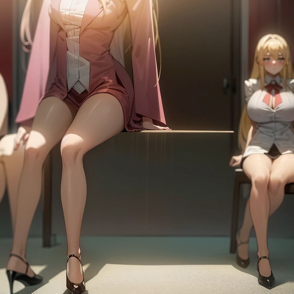Many young girls, blondes, big breasts, beautiful breasts, close-up, full body photo, student blush, beautiful legs, high heels, red mansion, red room three female students of medium build