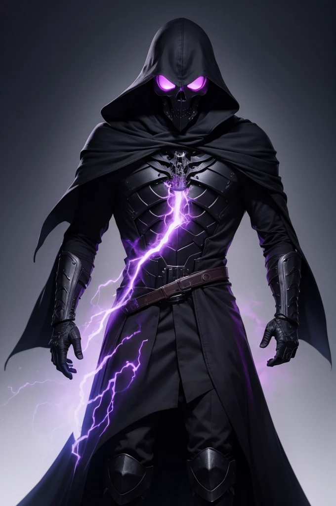 Skull Face, Black Skeleton, Tall, Purple flames in his eyes, Black cloak, Holding Claymore in hand.
