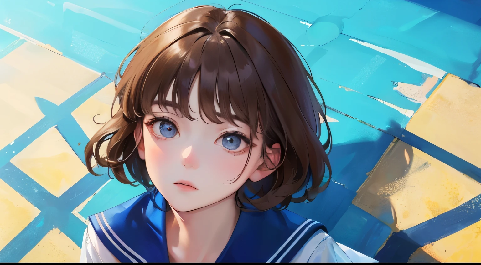 (((Looking up)))、(((View from above)))、((1 person)),Masterpiece,best quality, ((Looking up at the blue sky))), ,((Sailor suit))、((Blue sky background))、((Expressionless)),determined expression, Upper body diagram、 (Highest Resolution、Clear_image)、Best Quality、Light and shadow contrast、((illumination))、Very detailed、Semi-realistic、Short hair hairstyle、Brown Hair、bangs、19 years old、　Lady,,young、((View from the front))、Delicate Facial Features