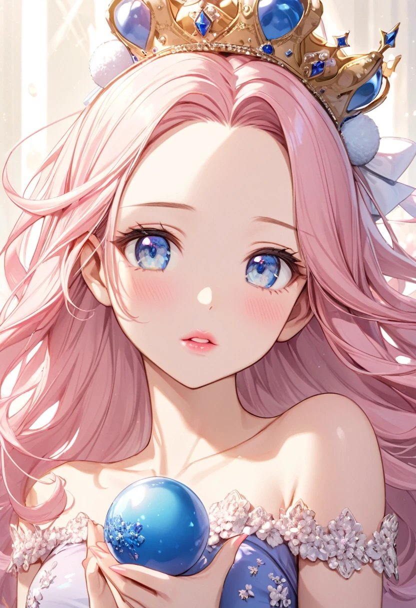 woman, light pink long hair without bangs, open forehead, thin pink lips, blue eyes, большая грудь
Lush ball gown, royal crown