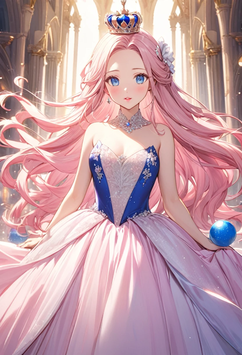 woman, light pink long hair without bangs, open forehead, thin pink lips, blue eyes, большая грудь 
Lush ball gown, royal crown