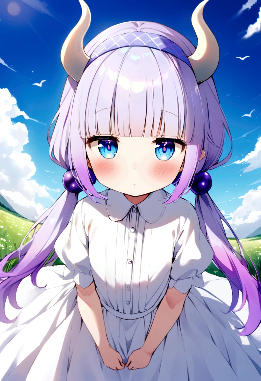  {kanna_kamui_kobayashisanchinomaidragon:1.15}, long_hair, light_purple_hair, blue_eyes, hair_ornament, bangs, blush, multicolored_hair, twintails, blunt_bangs, hair_beads, beads, hairband, gradient_hair, low_twintails, horns, dragon_horns, purple_hair,'s build,bird's-eye view