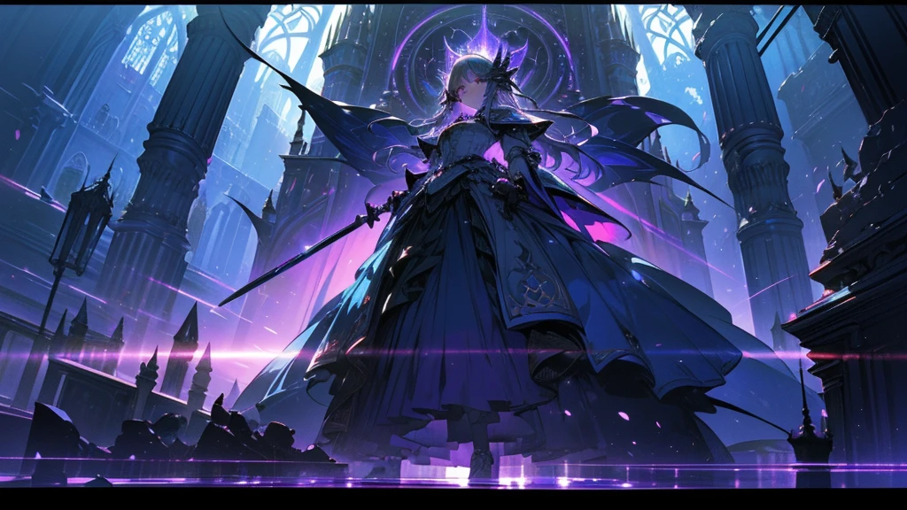 (Highest quality, masterpiece, Very detailedな, Very detailed, Exquisite, 16K, Confused, Full HD), Castles with Gothic architecture, Luxurious and luxurious decoration,((Collapse)),sad,(Sword in right hand),(Use your left hand to cast a blue flame spell..),(Fairy Knight Princess, Purple eyes, Big eyes, White skin, expensive, slim, thin and long),(decided, Mad, Serious expression), Gray Hair, (Fantasy, Romantic atmosphere), magical armor, Realistic, ,(Medium Shot), (From below), Low angle shot, Front view, ((Symmetrical Configuration)), Shine, (Dramatic lighting), (Cinema Lighting), (Volumetric lighting), (Dynamic Lighting), (Architectural Photography)