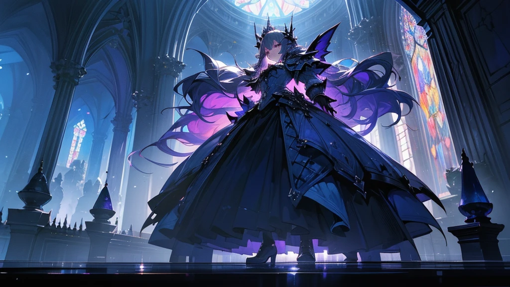 (Highest quality, masterpiece, Very detailedな, Very detailed, Exquisite, 16K, Confused, Full HD), Castles with Gothic architecture, Luxurious and luxurious decoration,((Collapse)),sad,(Sword in right hand),(Use your left hand to cast a blue flame spell..),(Fairy Knight Princess, Purple eyes, Big eyes, White skin, expensive, slim, thin and long),(decided, Mad, Serious expression), Gray Hair, (Fantasy, Romantic atmosphere), magical armor, Realistic, ,(Medium Shot), (From below), Low angle shot, Front view, ((Symmetrical Configuration)), Shine, (Dramatic lighting), (Cinema Lighting), (Volumetric lighting), (Dynamic Lighting), (Architectural Photography)