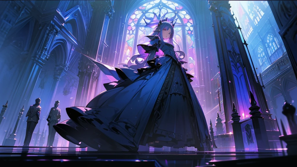 (Highest quality, masterpiece, Very detailedな, Very detailed, Exquisite, 16K, Confused, Full HD), Castles with Gothic architecture, Luxurious and luxurious decoration,((Collapse)),sad,(Sword in right hand),(Use your left hand to cast a blue flame spell..),(Fairy Knight Princess, Purple eyes, Big eyes, White skin, expensive, slim, thin and long),(decided, Mad, Serious expression), Gray Hair, (Fantasy, Romantic atmosphere), magical armor, Realistic, ,(Medium Shot), (From below), Low angle shot, Front view, ((Symmetrical Configuration)), Shine, (Dramatic lighting), (Cinema Lighting), (Volumetric lighting), (Dynamic Lighting), (Architectural Photography)