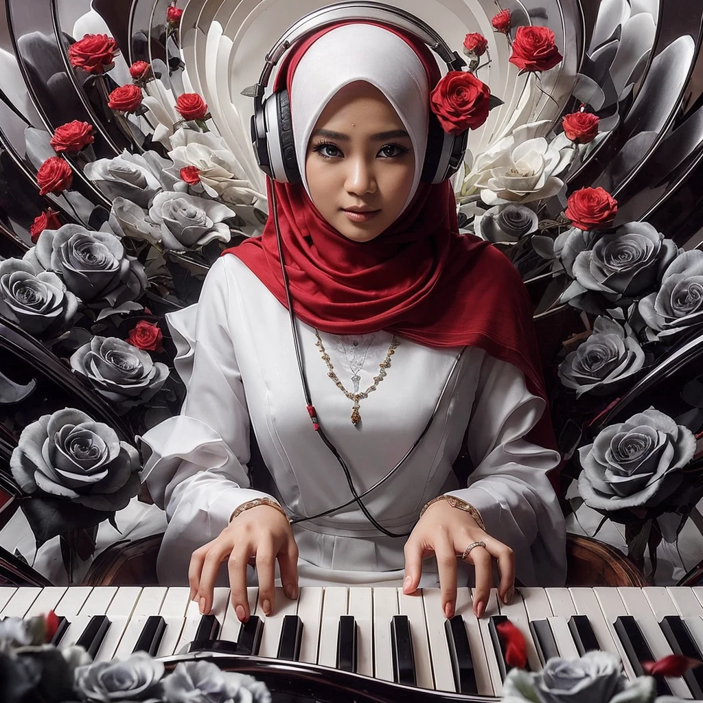 seorang wanita Indonesia main piano, deminsi tinggi, tambahkan icon musik, fantasi design dengan Lipatan kaca cermin berputar putar yang artistik, (seorang wanita cantik kuku merah, hijab warna merah, gaun putih, mata mempesona duduk di belakang piano sambil memainkan piano, menggunakan headphone, pose wajah menghadap ke depan kamera terlihat dekat buket mawar hitam, lantaran belakan cermin, abstrak dan artistik dan definisi tinggi UHD 64K yang Hyper realistic)