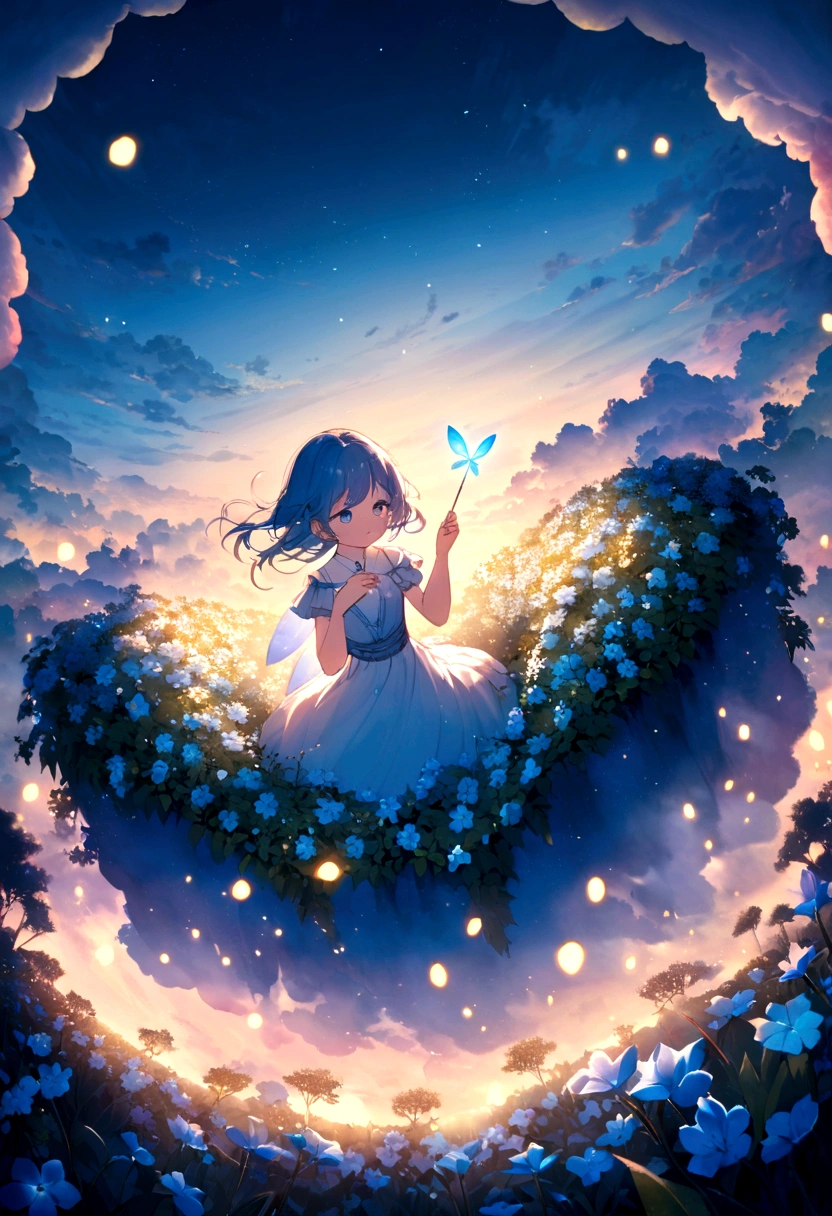 Blue sky, white clouds floating in the distance, a  standing on a flower sea, holding a fairy wand in her hand to summon flying fireflies around her. The background is full of large and small cloud flowers, creating an atmosphere of fantasy and dreamy blue tones. In the style of a high definition anime, with high resolution. A panoramic view from above, capturing the vastness of nature. Soft lighting creates a warm feeling. 
