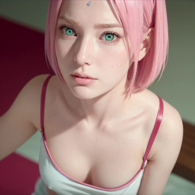 young woman, short shoulder-length pink hair, wide forehead, porcelain skin, pink eyebrows, big emerald green eyes, buttoned nose, full lips, heart-shaped face, slender body, small breasts, red tank top, Sakura Haruno , realistic, realism, details, 3d, well detailed