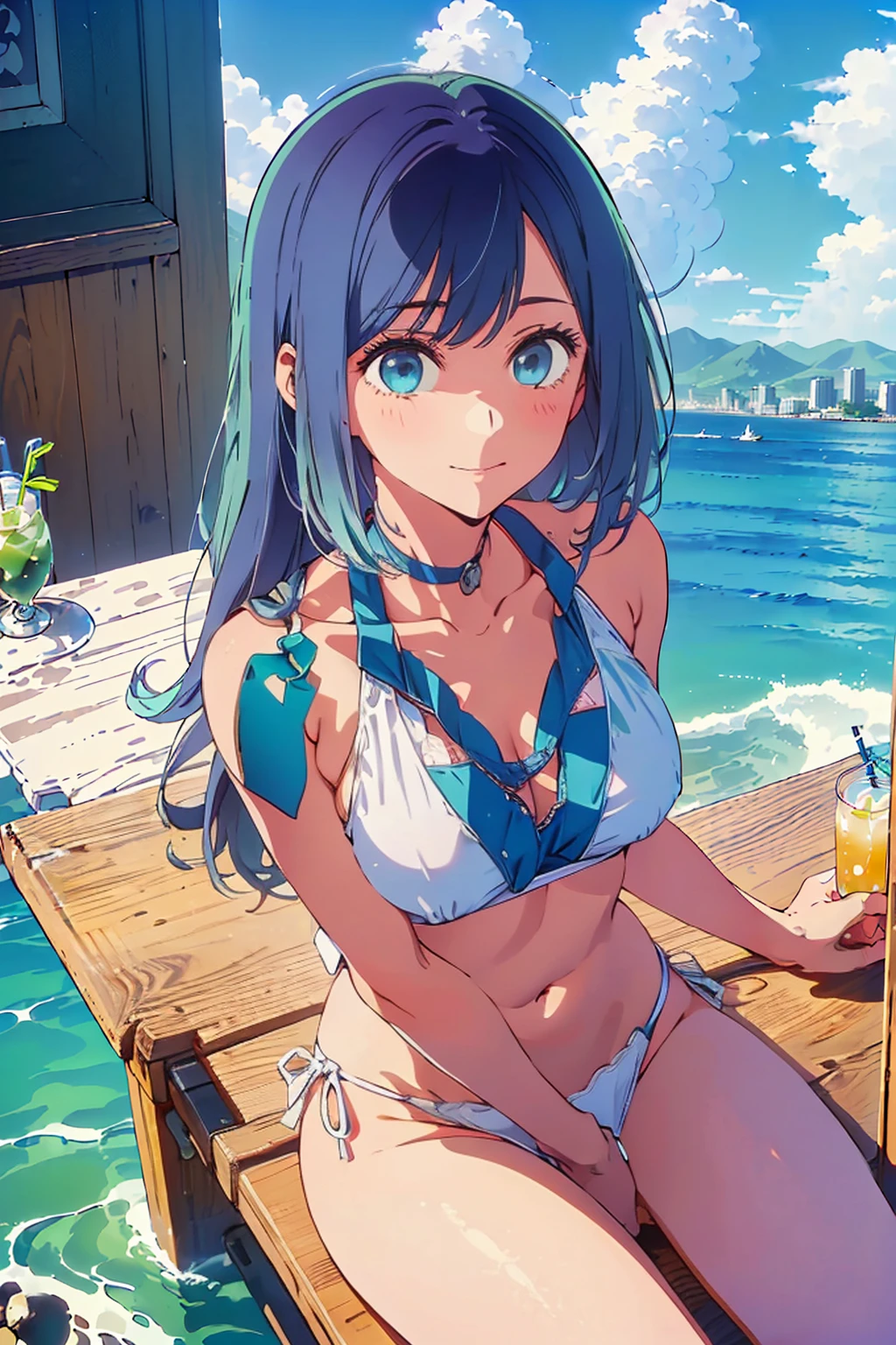 Highest quality,8k,detailed,F cup bust、Big Breasts、Slim and beautiful arms、Slim body、Very white beautiful skin、((((1 person、smile、Swimwear、She is wearing a white side-string high-leg bikini、smile、sit、In the background are the urban buildings of Tokyo、Outdoor café terrace、Drink juice、Cheek resting on hand、coastal、table、looking at the camera、Looking up、Doing pieces by hand、Shooting from a distance、Shot from above、Navy hair color、Very cute face))))、Sexy pose、Very blue sky、A completely cloudless sky、She tilted her head slightly、The atmosphere is bright and lively、The woman is at the center of the image。