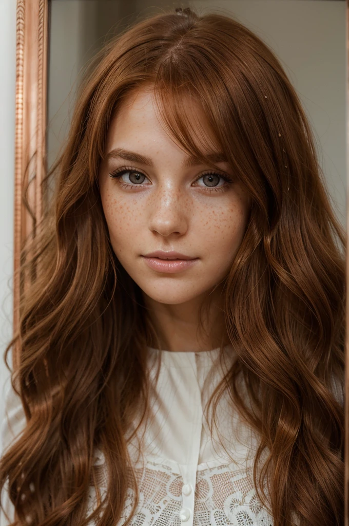 a beautiful young woman who is blessed with striking features. Her long, wavy auburn hair cascades down her back, catching the light in shimmering copper tones. Her skin, though slightly pale, is smooth and unblemished, dusted with freckles across her nose and cheeks. Her chocolate brown eyes, framed by thick lashes, hold a depth and intelligence beyond her years.