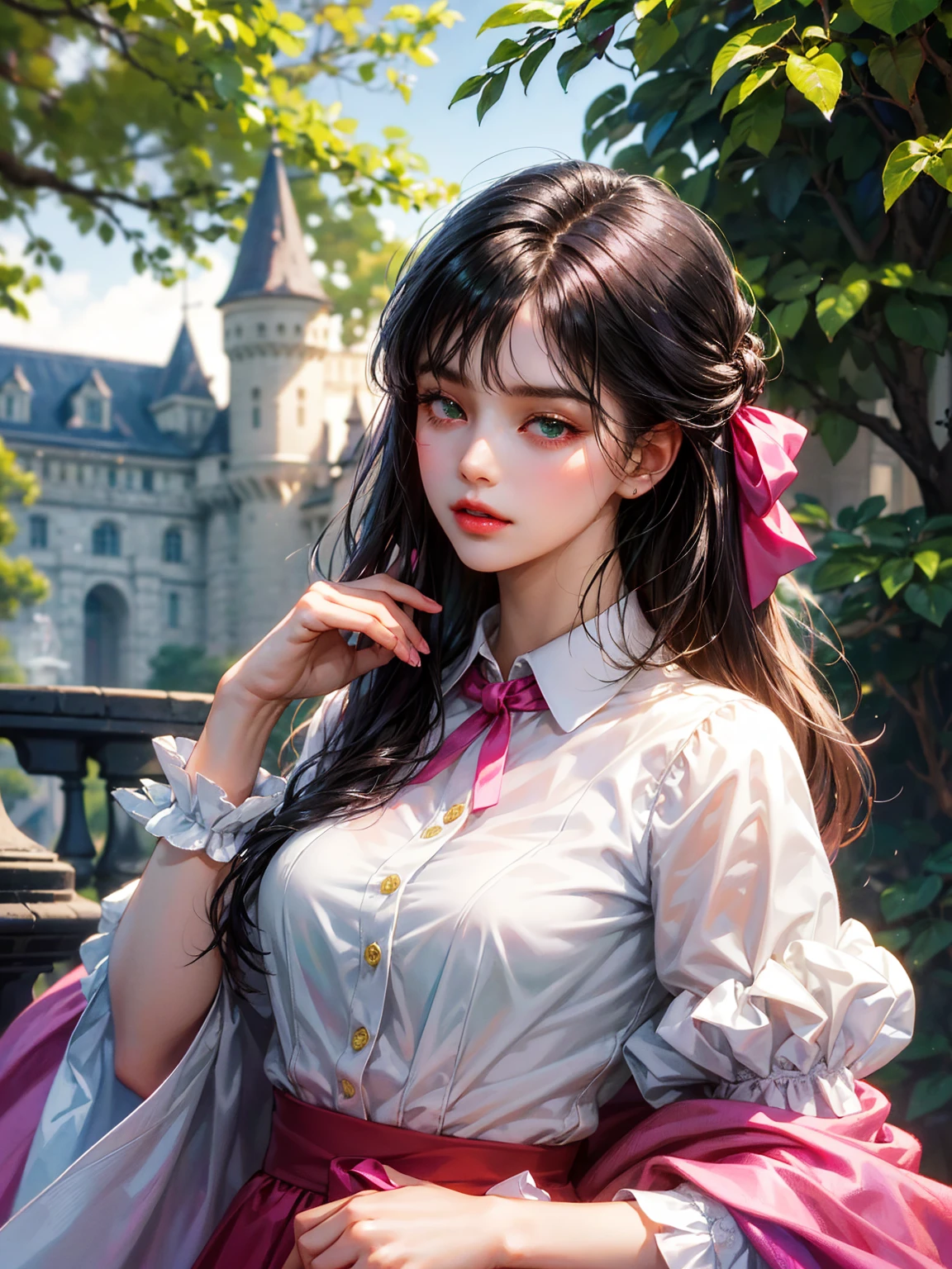A girl, medium black hair with bangs, small breast, green eyes. She wears a white shirt with a fuchsia ribbon, a fuchsia jacket, fuchsia skirt. Beautiful girl, detailed eyes, detailed face, detailed hands. She looks at the viewer. Full figure. Background a castle
